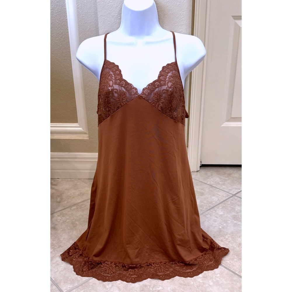 Victoria's Secret Brown Lace Trim Chemise‎ Nightgown Adjustable Straps Cinnamon